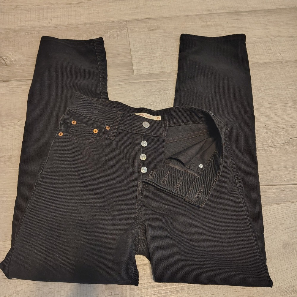 Levis Wedgie Straight Black Corduroy Pants High Rise Button Fly Womens 25
